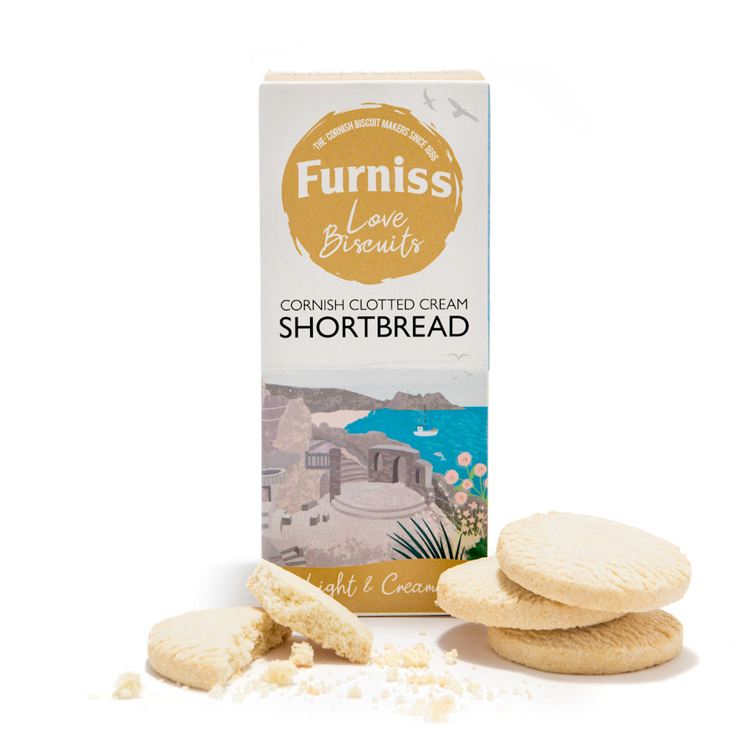 Box of shortbread biscuits with some crumbled up outside the box.