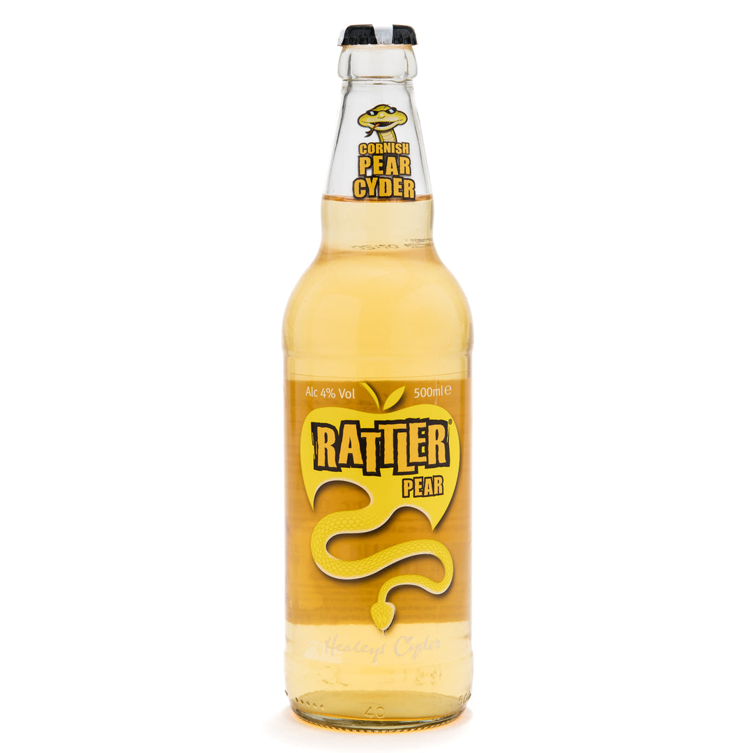 bottle of rattler pear cider on a white background.