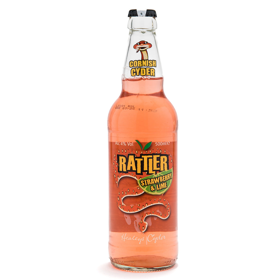 bottle of rattler strawberry and lime cyder on a white background.