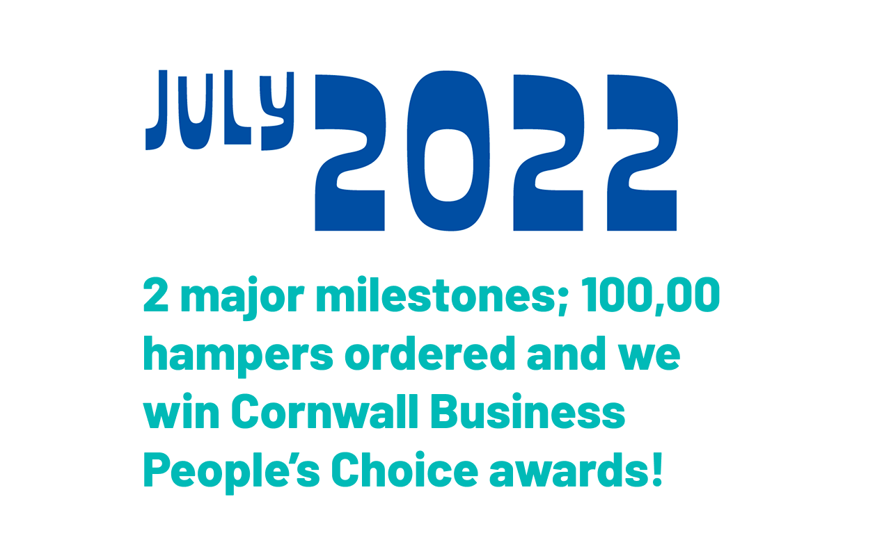 July 2022. Two major milestones: 100,000 hampers ordered and we win the Cornwall Business People's choice awards!