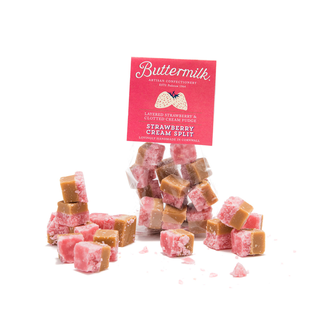 packet of buttermilk strawberry flavoured fudge with pieces on white background.