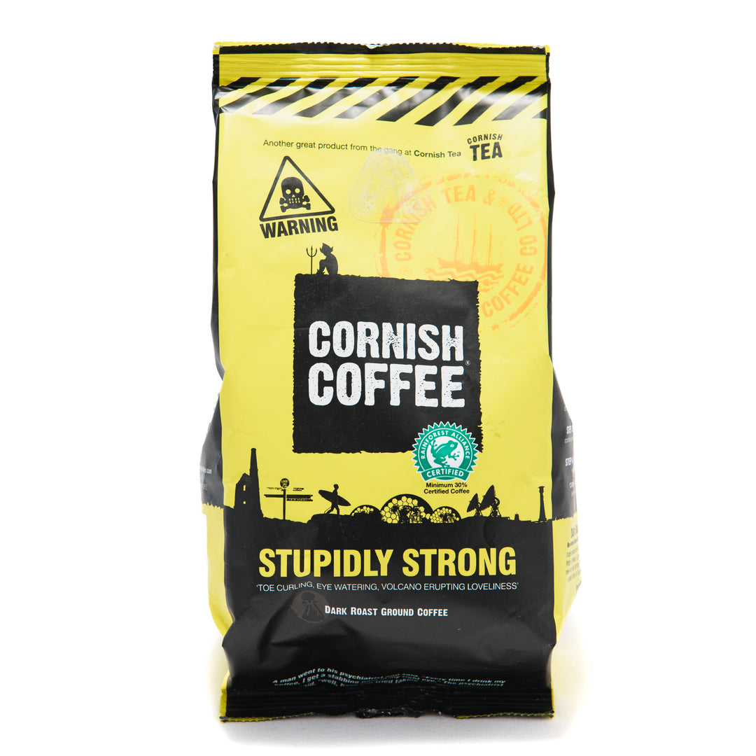 packet of stupidly strong cornish coffee on a white background.