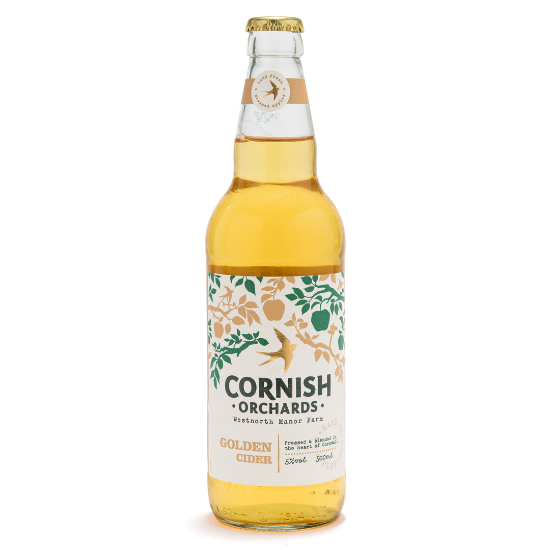 bottle of cornish orchards cider on a white background.