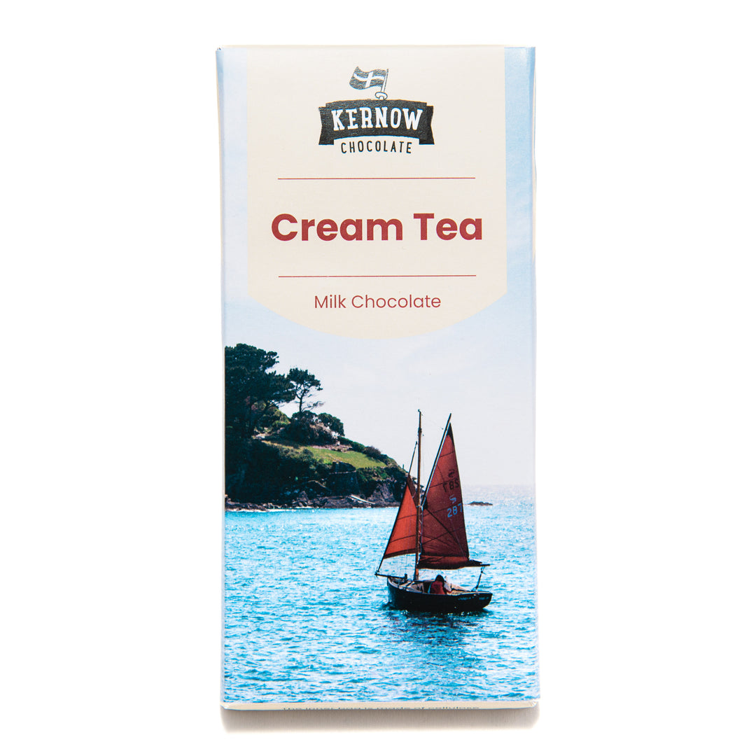 bar of kernow chocolate cream tea milk chocolate on a white background.