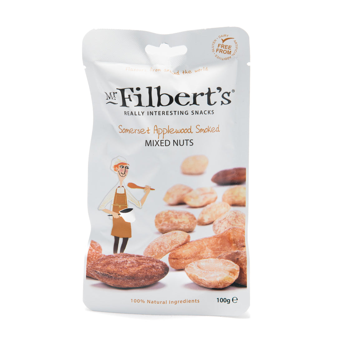 packet of mr filberts smoked mixed nuts on a white background.