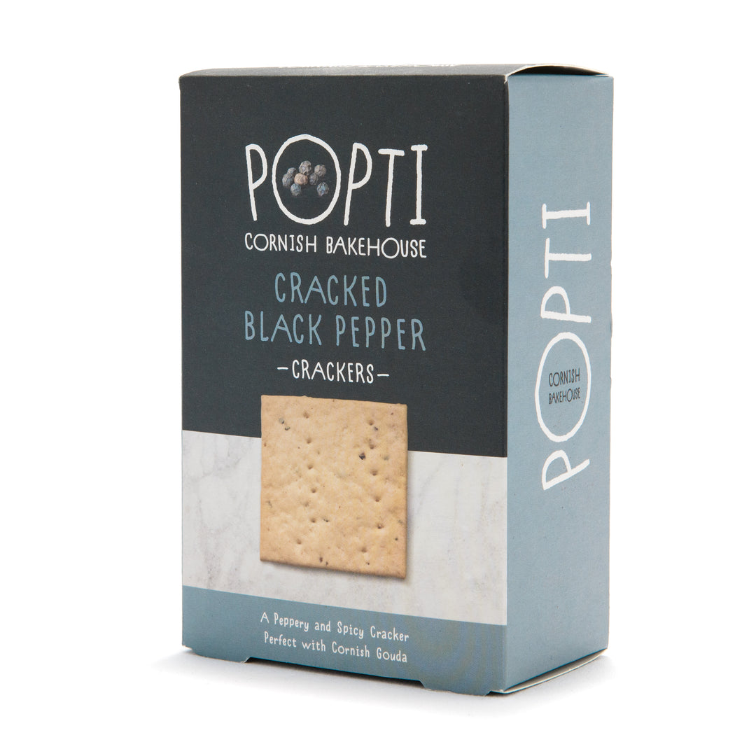 box of popti black pepper crackers on a white background.