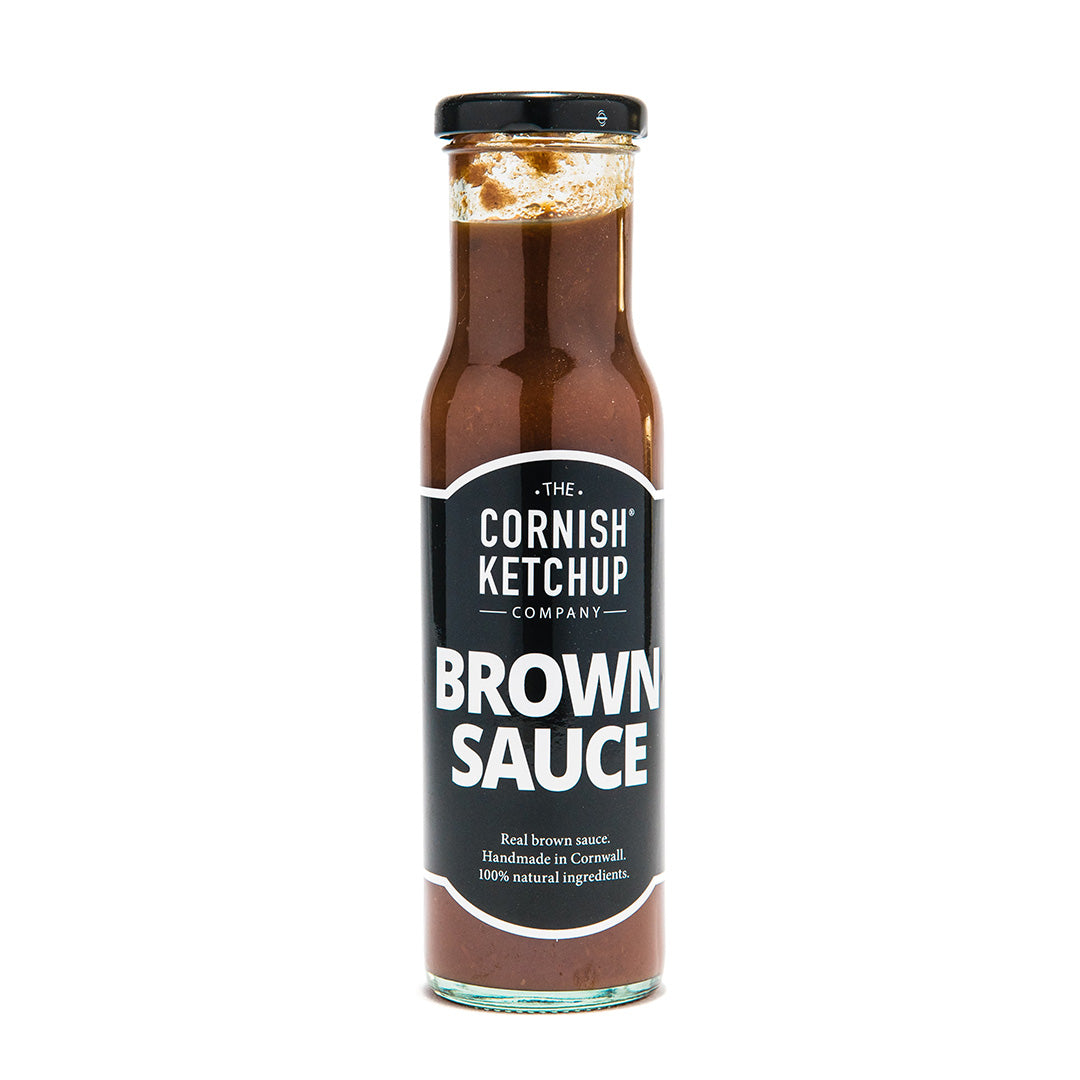 jar of cornish brown sauce on a white background.