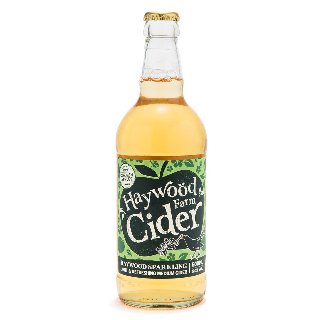 bottle of haywood farm cider on a white background.