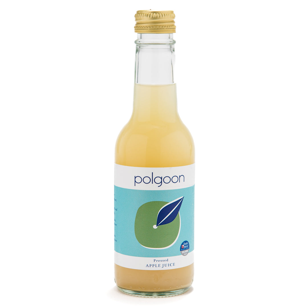 bottle of polgoon pressed apple juice on a white background.
