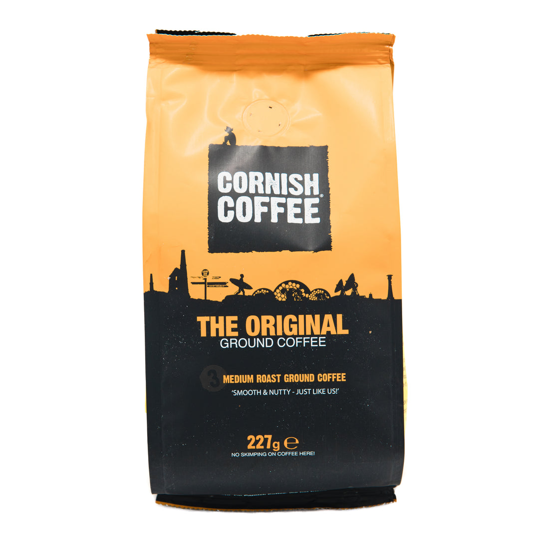 bag of cornish coffee on a white background.