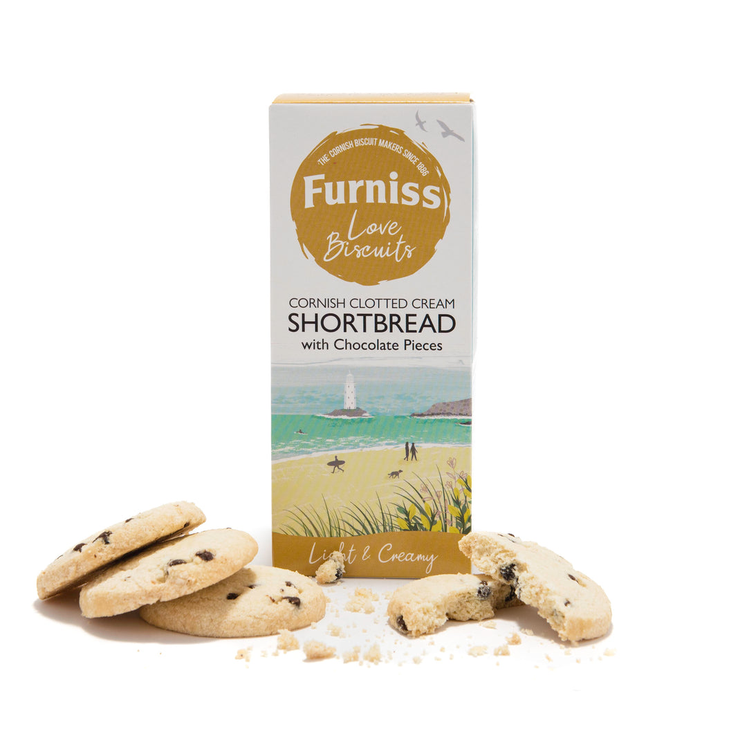 box of furniss shortbread with chocolate pieces, with biscuits scattered on white background