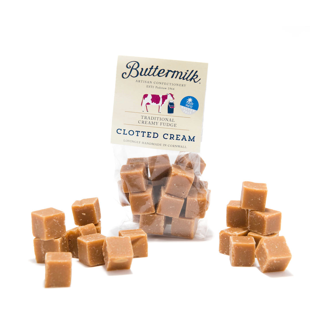 Packet of fudge with pieces scattered outside.