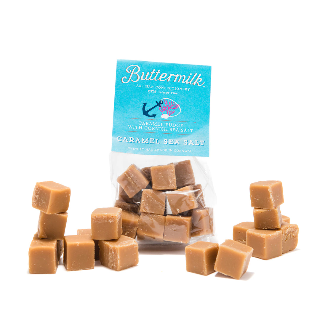 Packet of buttermilk sea salt fudge with pieces laid out.