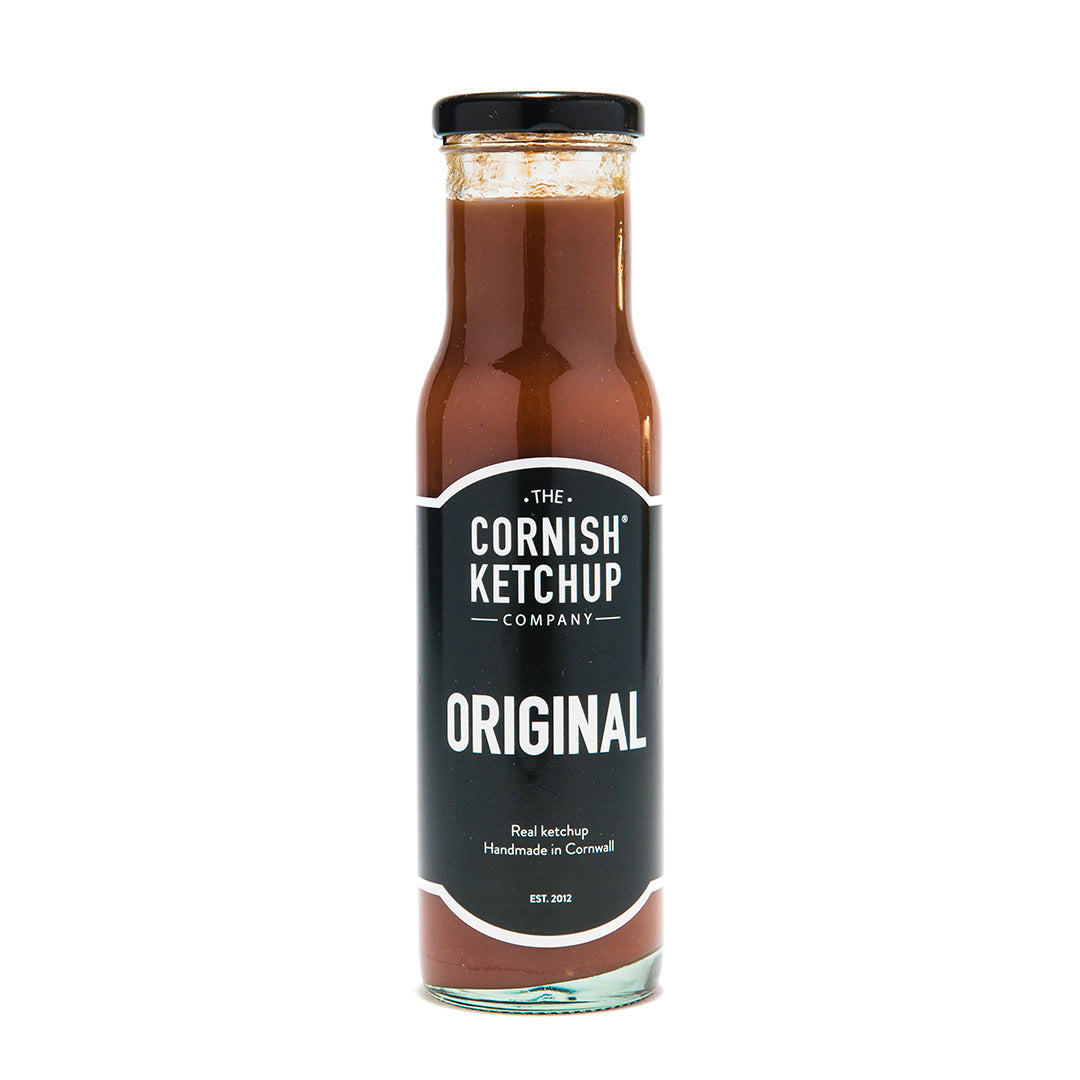 bottle of cornish ketchup on a white background.
