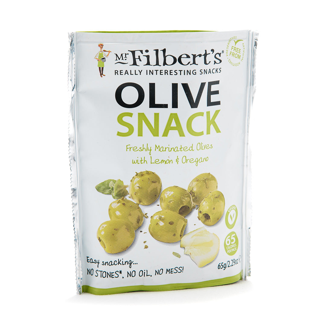 packet of mr filberts lemon and oregano olives on a white background. 